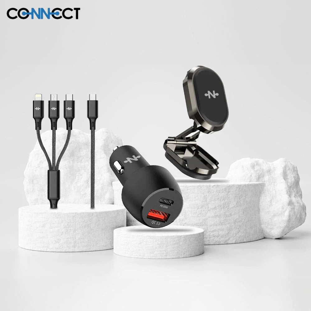 Pack Voiture (Support Smartphone Magnétique 360° + Chargeur Allume-Cigare 48W + Câble de Charge 3A 3-en-1) Noir