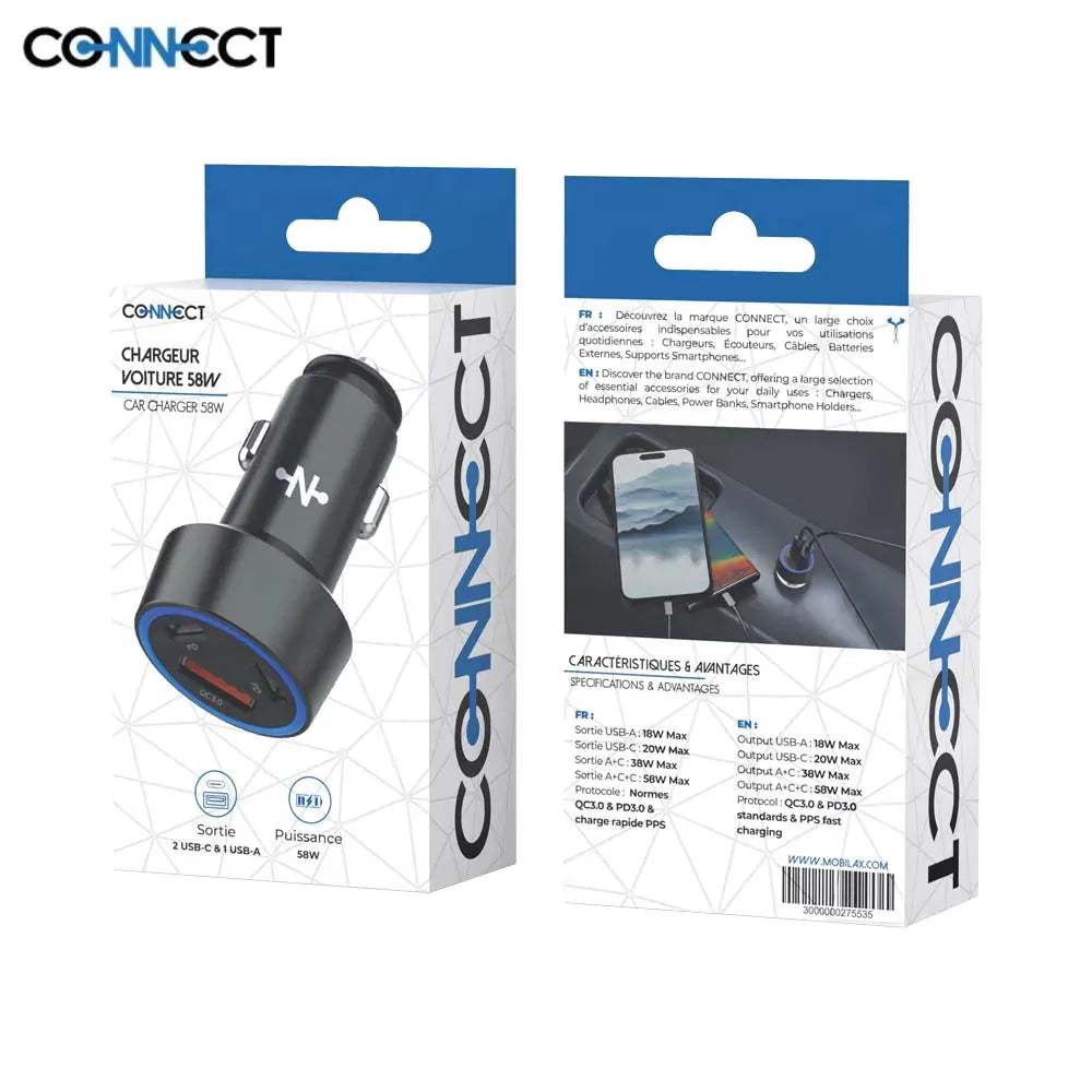 Chargeur Allume-Cigare 58W - 3 ports USB-C
